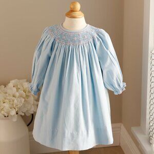 Blue Smocked Dress Corduroy Long Sleeve Bishop Pink Embroidery 18 Months NWT